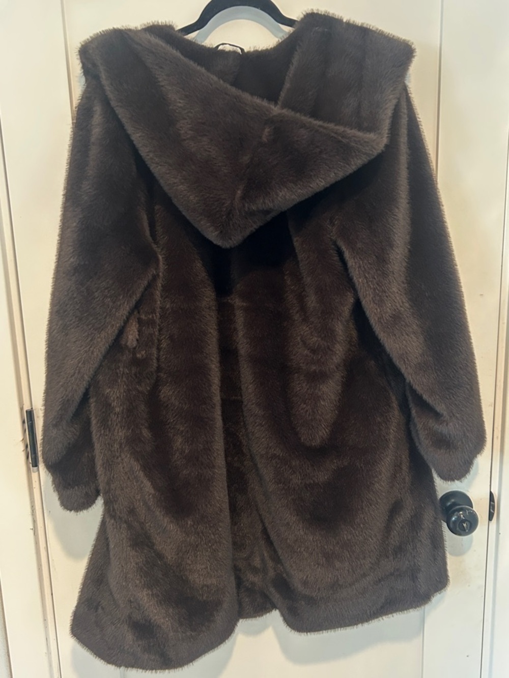 Rebecca Minkoff faux fur coat w/ hood in dark brown. Size large missing belt - Picture 3 of 6
